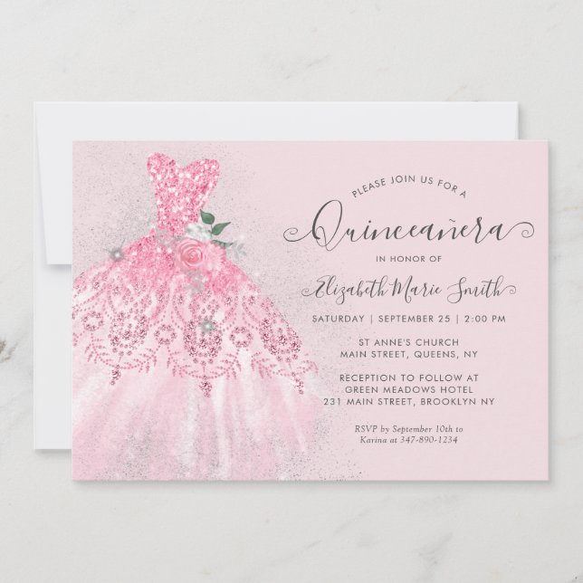 Invitation Parties scintillant Rosée Rose Floral Robe Argent  (Devant)