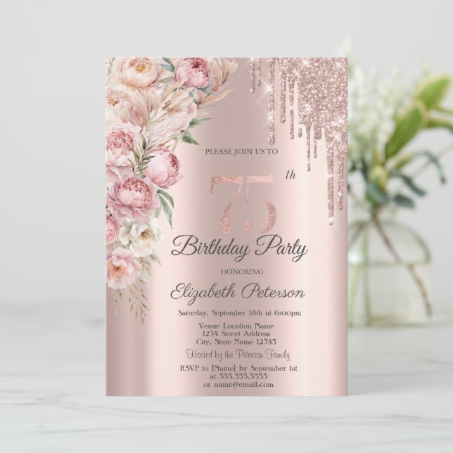 Invitation Parties scintillant Roses roses  Rose Or 75e anniv (Debout devant)