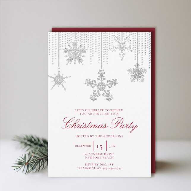 Invitation Parties scintillant rouge blanc Éclairage Flocon d (christmas party invitation elegant snowflakes sparkles minimalist modern red white black glitter)