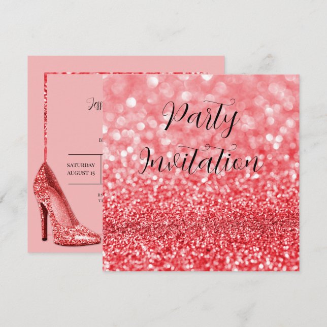 Invitation Parties scintillant rouge Bokeh & Stilettos Annive (Devant / Derrière)