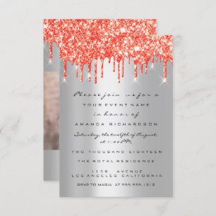 Invitation Parties scintillant rouge corail gouttes d'argent 
