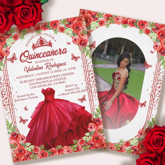 Invitation Parties scintillant rouge éperon floral Quinceaner (Red Glitter Floral Sparkle Quinceanera Invitation)