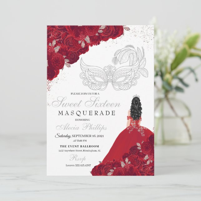 Invitation Parties scintillant rouge et argent Sweet 16 Masqu (Debout devant)