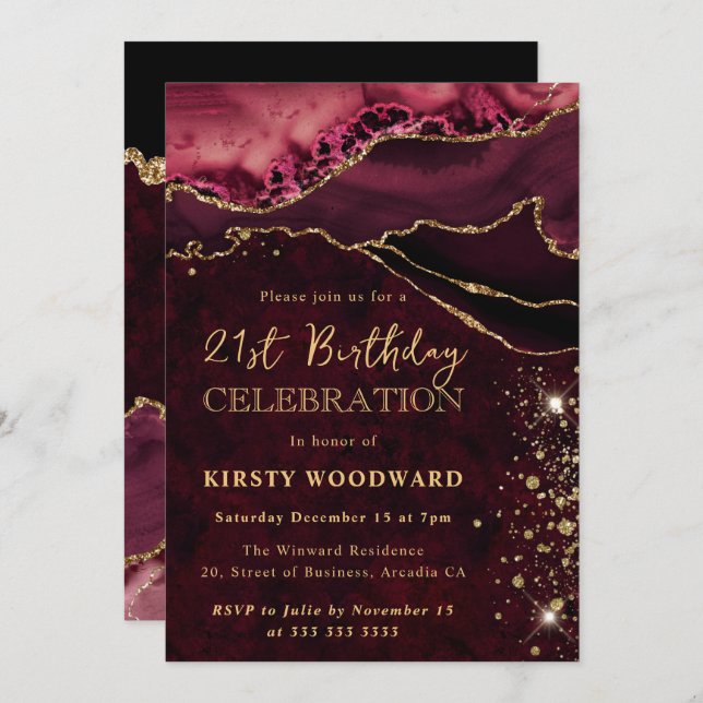 Invitation Parties scintillant rouge et or Agate Anniversaire (Devant / Derrière)