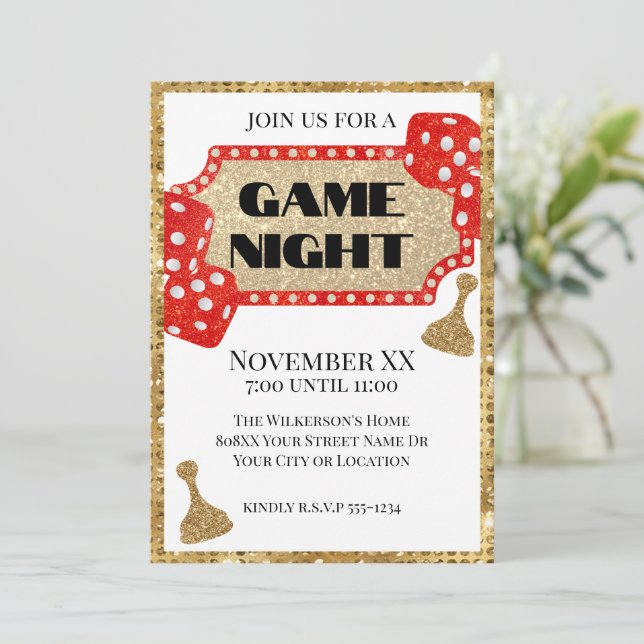 Invitation Parties scintillant rouge et or Glamour Game Night (Debout devant)