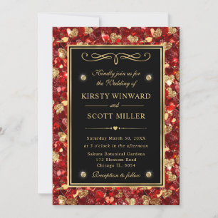 Invitation Parties scintillant rouge et or Valentine Coeurs M