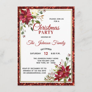 Invitation Parties scintillant rouge Fête de NOËL Floral Poin