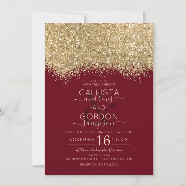 Invitation Parties scintillant rouge or moderne Confetti Mari (Devant)