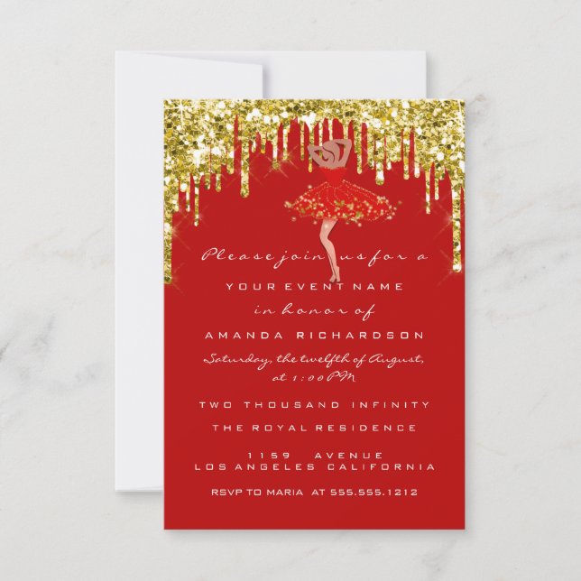 Invitation Parties scintillant rouge or  nuptiale douce 16e r (Devant)
