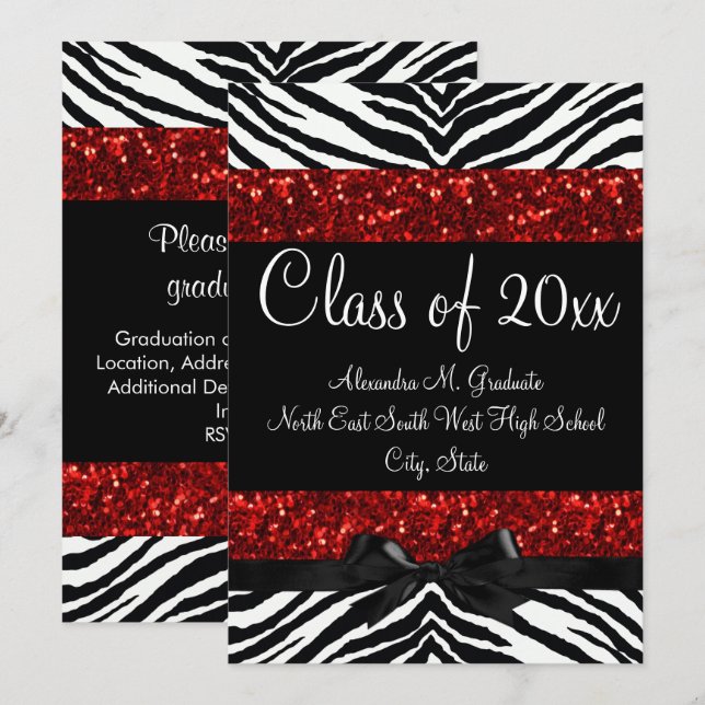 Invitation Parties scintillant rouge Sparkle Zebra Bow Invita (Devant / Derrière)