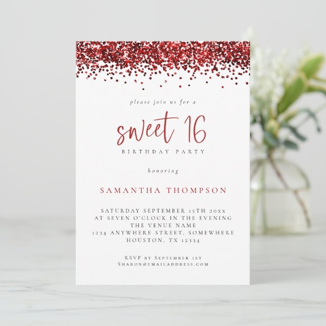 Invitation Parties scintillant rouge tendance Sweet 16 Annive (Debout devant)