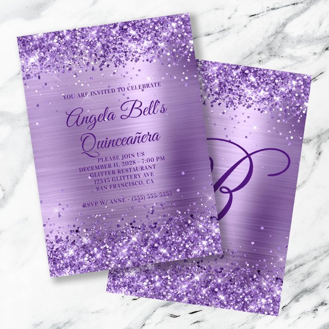 Invitation Parties scintillant royale violet brossé huile Qui (Royal Purple Glitter Brushed Foil Quinceanera Invitation)