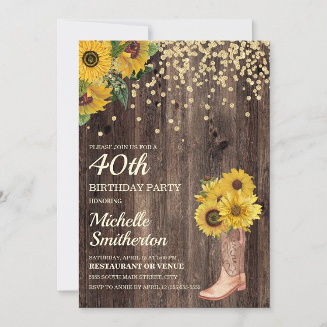 Invitation Parties scintillant Rustic Sunflower Boots 40e ann (Devant)