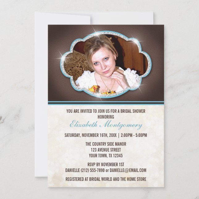 Invitation Parties scintillant Rustique Bleu Photo nuptiale D (Devant)
