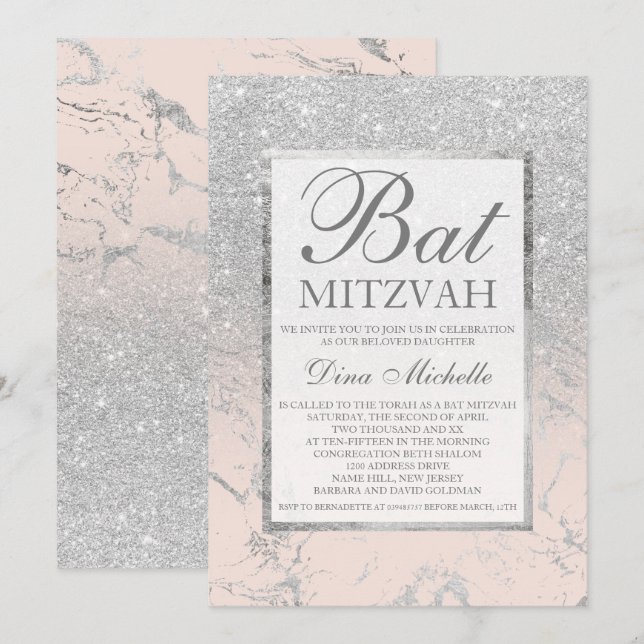 Invitation PARTIES SCINTILLANT SIlver élégante Bat mitzvah en (Devant / Derrière)