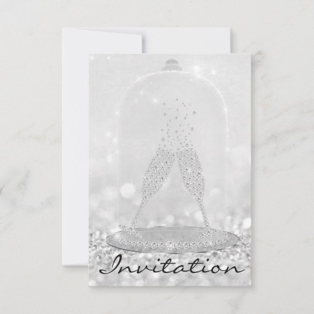Invitation Parties scintillant Silver Glass Bubbles Champagne (Devant)
