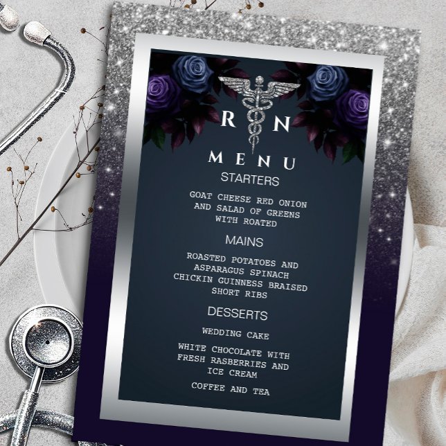 Invitation Parties scintillant Silver Navy Blue Florals Menu  ("Join us for an elegant RN celebration with a sophisticated menu, silver glitter accents, and floral)