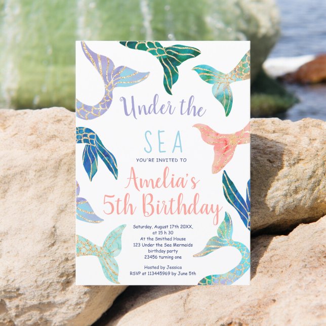 Invitation Parties scintillant sirène or parties scintillant  (Glitter mermaid gold glitter pastel 5th birthday invitation)