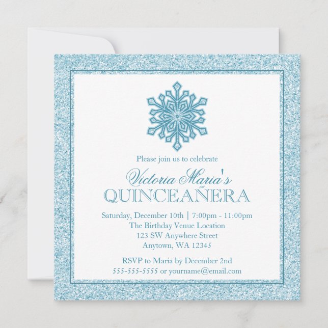 Invitation Parties scintillant Snowflake Turquoise Quinceaner (Devant)
