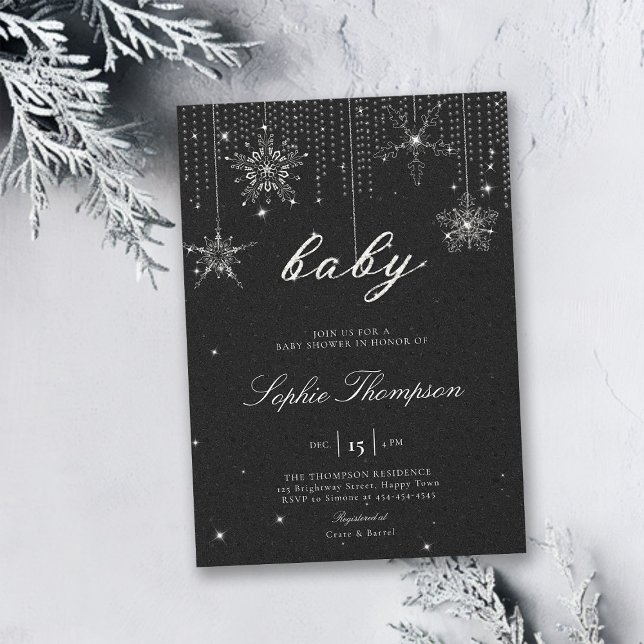 Invitation Parties scintillant Snowflakes BW Genre Baby showe (gender neutral winter bridal shower invitation black white christmas elegant rhinestones bling class)