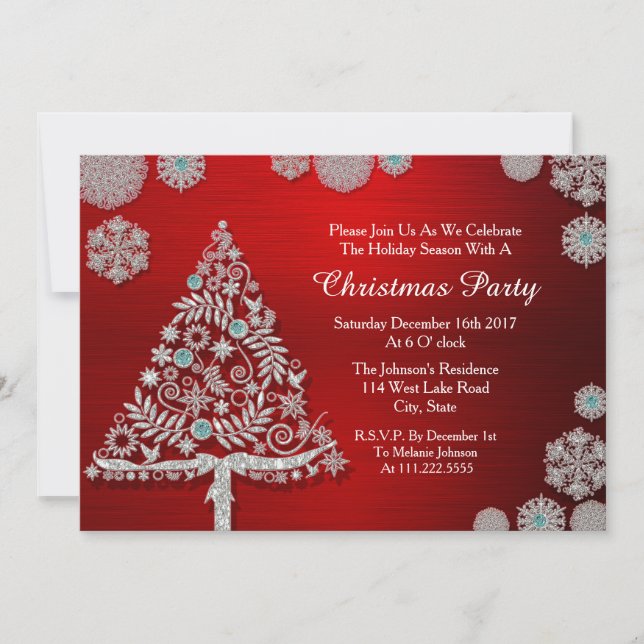 Invitation Parties scintillant Snowflakes et Tree Red Christm (Devant)