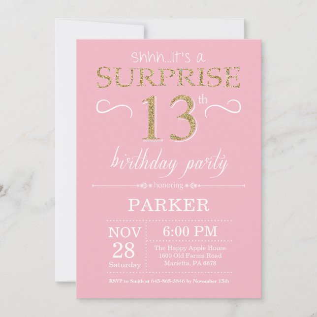 Invitation Parties scintillant surprise 13e anniversaire rose (Devant)
