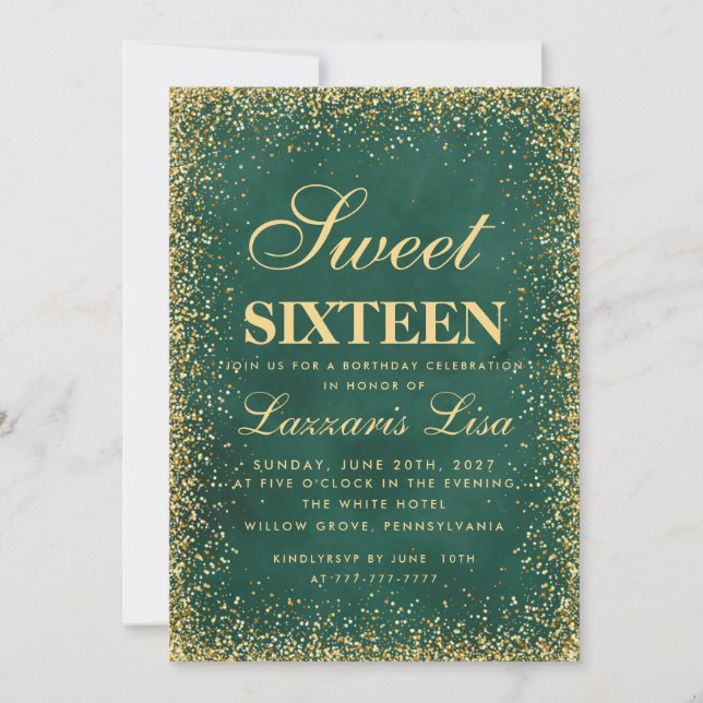 Invitation Parties scintillant Sweet 16 Aquarelle verte Anniv (Devant)