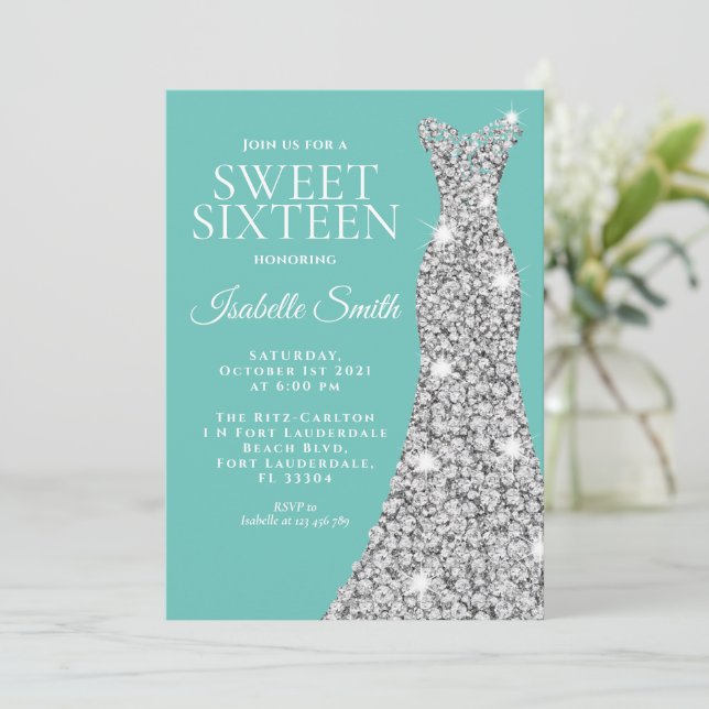 Invitation Parties scintillant Sweet sixteen Turquoise Invita (Debout devant)