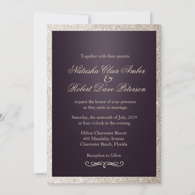 Invitation Parties scintillant Taupe Beige violet moderne Chi (Devant)