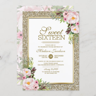 Invitation Parties scintillant tendance Gold Floral Sweet 16