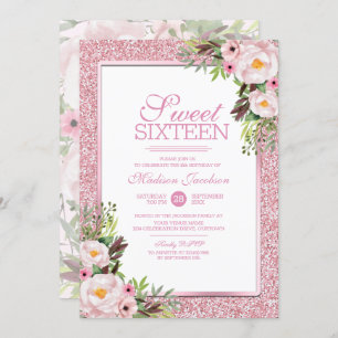 Invitation Parties scintillant tendance rose Floral Sweet 16