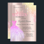 Invitation Parties scintillant tendance, Rose  robe Gold Swee<br><div class="desc">Robe élégante et parties scintillant argent goutte sur un arrière - plan rose en or.</div>