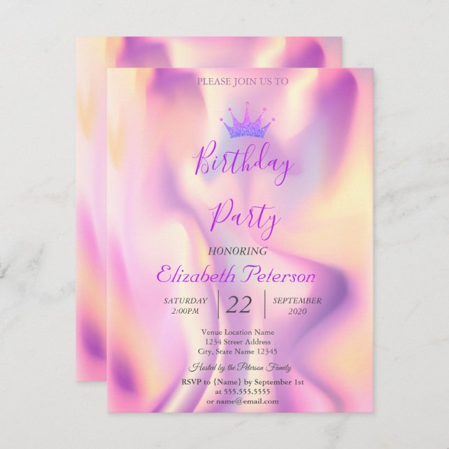 Invitation Parties scintillant Tiara Holographic Anniversaire (Devant / Derrière)