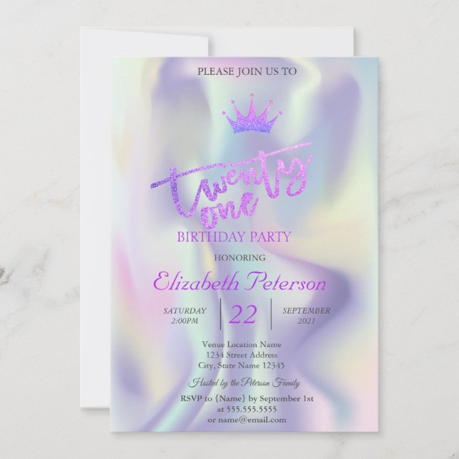 Invitation Parties scintillant Tiara Holographie 21ème annive (Devant)
