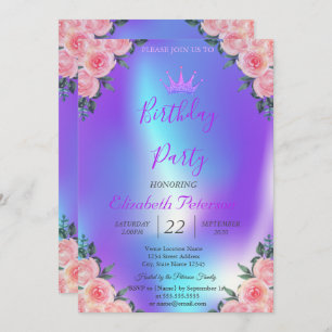 Invitation Parties scintillant Tiara Roses Ombre Holographiqu