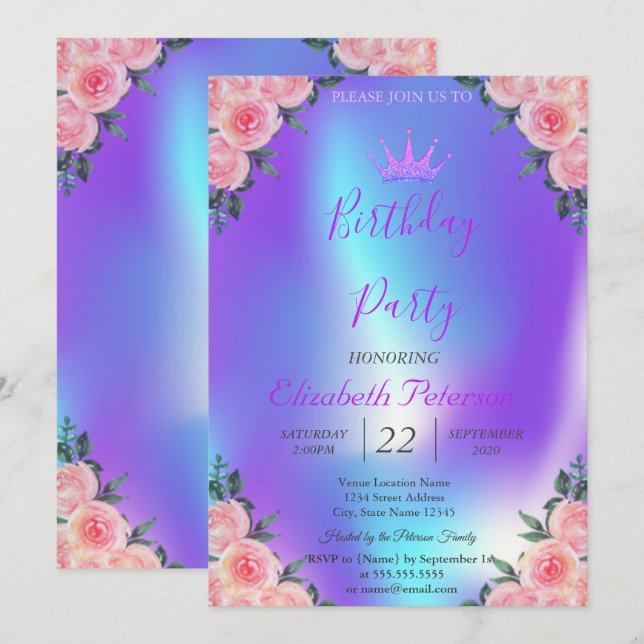 Invitation Parties scintillant Tiara Roses Ombre Holographiqu (Devant / Derrière)