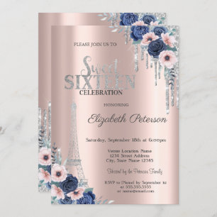 Invitation Parties scintillant, Tour Eiffel Bleu Roses Sweet