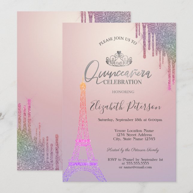 Invitation Parties scintillant Tour Eiffel, Douches colorées  (Devant / Derrière)
