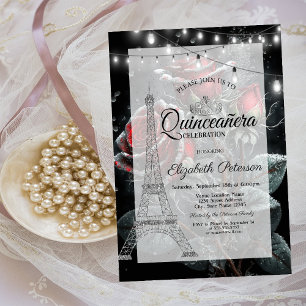 Invitation Parties scintillant Tour Eiffel, Drops Rose foncé