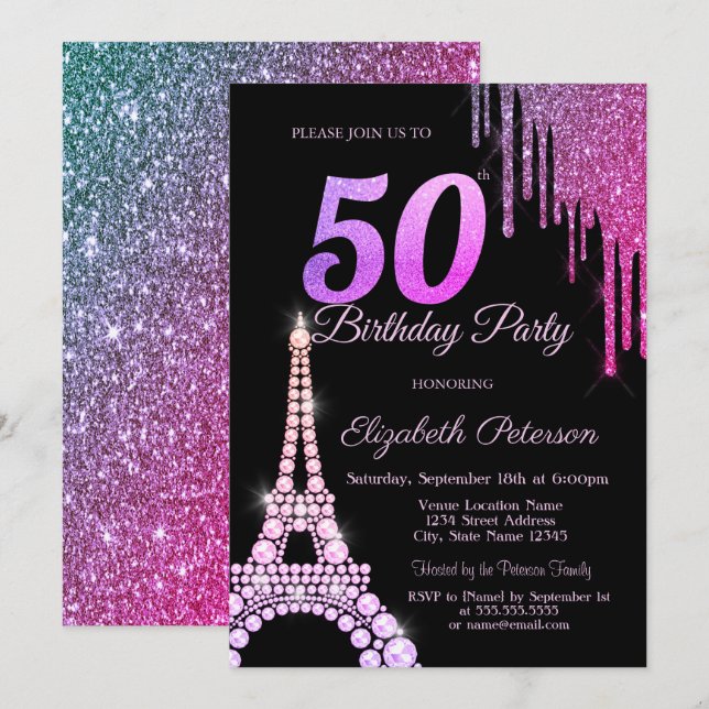 Invitation Parties scintillant, Tour Eiffel Noir 50e annivers (Devant / Derrière)