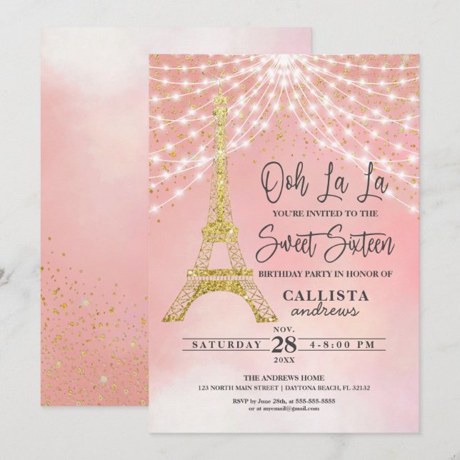 Invitation Parties scintillant Tour Eiffel Or Éclairage doux  (Devant / Derrière)