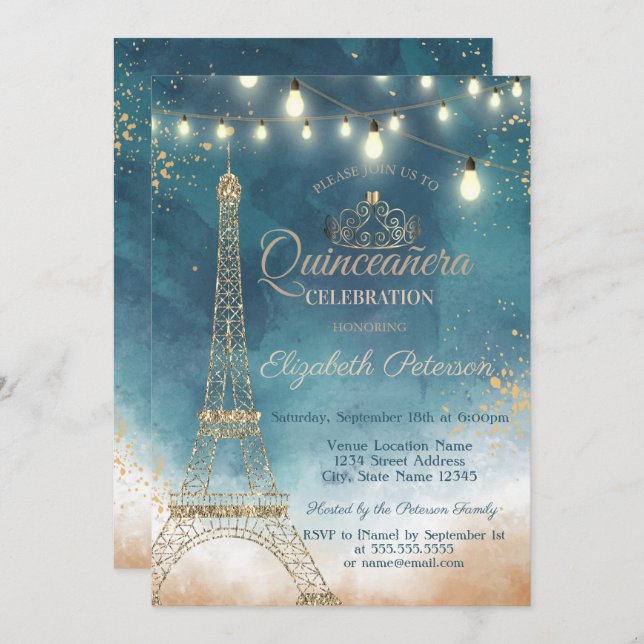 Invitation Parties scintillant Tour Eiffel, Tiara Aquarelle Q (Devant / Derrière)
