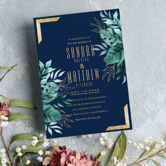 Invitation Parties scintillant tropicale bleu marine or  fleu (Tropical navy blue gold glitter floral Wedding )