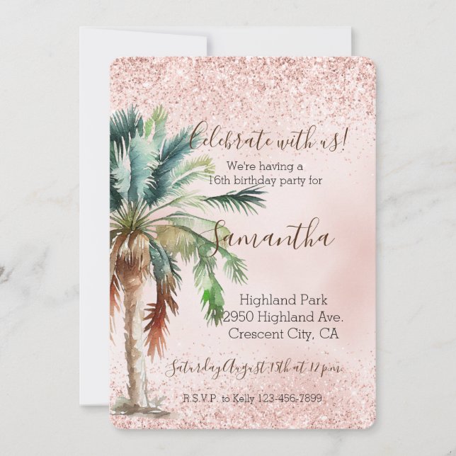 Invitation Parties scintillant Tropicale Palm Tree Rose (Devant)