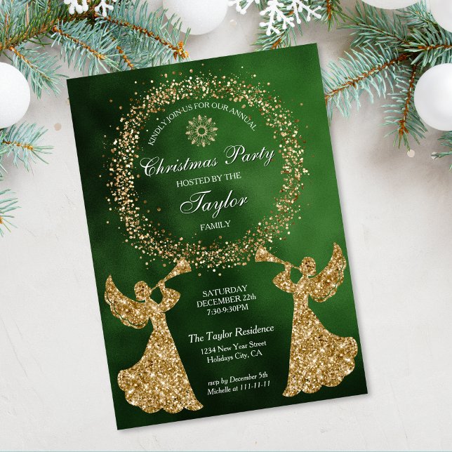 Invitation Parties scintillant Trumpeting Angel Noël Corporat (christmas party invitation with two gold glitter angels with a trumpet on the green background)