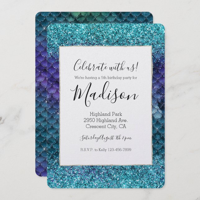 Invitation Parties scintillant turquoise Aqua Purple Mermaid (Devant / Derrière)
