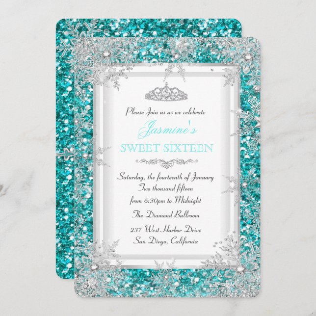 Invitation Parties scintillant Turquoise Argent hiver Wonderl (Devant / Derrière)