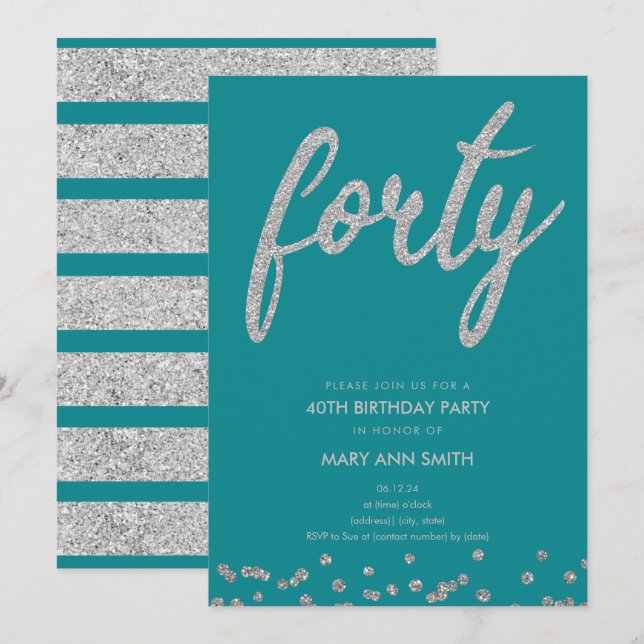Invitation Parties scintillant Turquoise Argent Type 40e fête (Devant / Derrière)