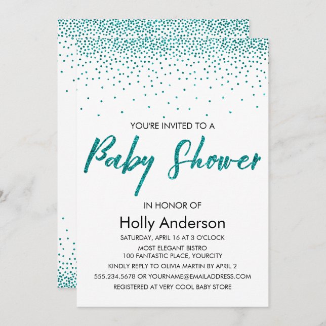 Invitation Parties scintillant turquoise Baby shower Confetti (Devant / Derrière)