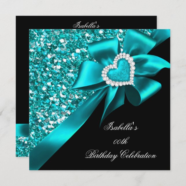 Invitation Parties scintillant Turquoise Bleu Coeur Bow Noir  (Devant / Derrière)